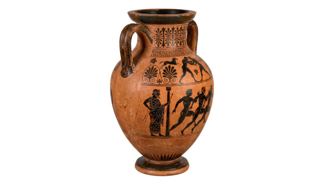 Ancient Greek terracotta amphora with twin handles and classic black-figure pottery paintings of Olympic athletes. Photorealistic, front 3/4 view, vertical orientation, ultra-high-resolution 8K, on a