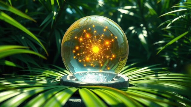 Glowing sphere rests upon stone base amid lush foliage. Bright network illuminates interior, creating futuristic effect.