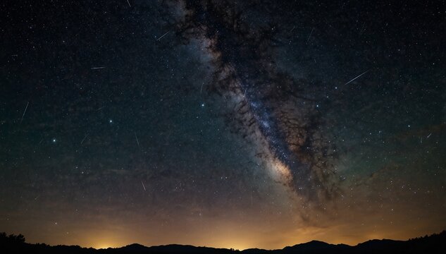 Perseids meteor Shower and the Milky Way silhouette in the foreground. Perseid Meteor Shower observation. Night sky nature summer landscape. Colorful shooting stars
