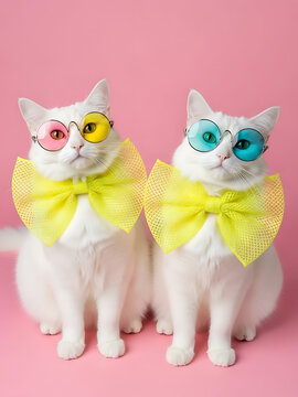 Two fluffy white cats wearing stylish colorful round sunglasses and large bright yellow mesh bow ties