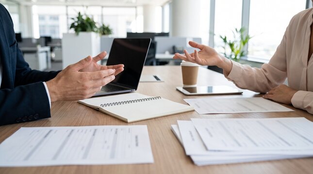 Employee planning strategic career goals with supervisor during performance review meeting in modern corporate office space   
