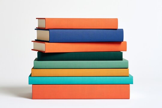 Stack of plain hardcover books in coral cobalt emerald mustard turquoise tones arranged in slightly irregular vertical pile against seamless white background with soft diffused lighting casting