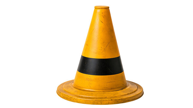 Weathered yellow traffic cone with a black stripe for road construction safety