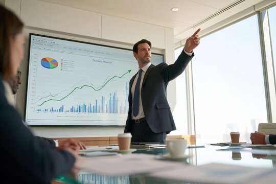 Businessman in dark suit pointing at large screen displaying quarterly revenue charts with green upward arrow and colorful pie chart, seated colleagues at glass table with coffee cups and papers