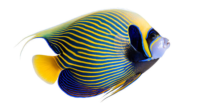 Vibrant emperor angelfish with blue and yellow striped pattern and yellow tail