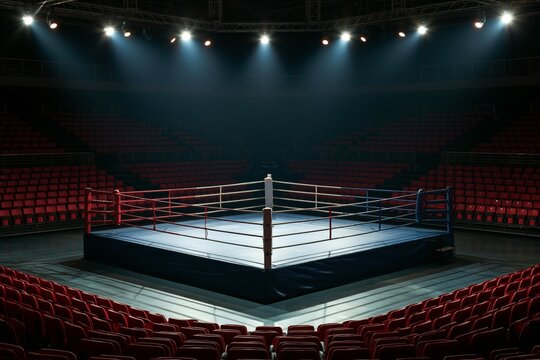An empty boxing ring with blue canvas and red ropes under bright spotlights surrounded by rows of red stadium seats in a darkened arena with dramatic lighting and high-angle perspective