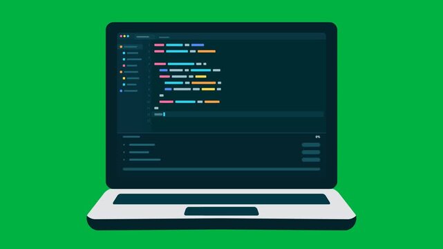 Animated laptop coding interface with programming code, file explorer, terminal progress bar and successful completion notification on green screen, designed for technology and software video projects