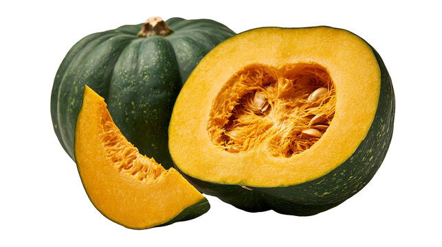 Whole dark green kabocha squash with a sliced half and a wedge showing orange pulp
