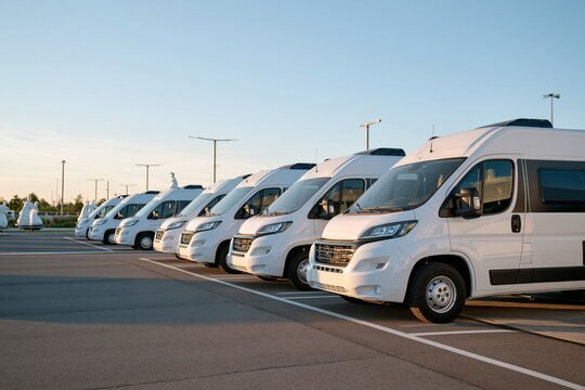 Straight view of a line of pristine white class B camper vans neatly parked in a dealership lot against a clear morning sky, softened sunlight accentuates their contours