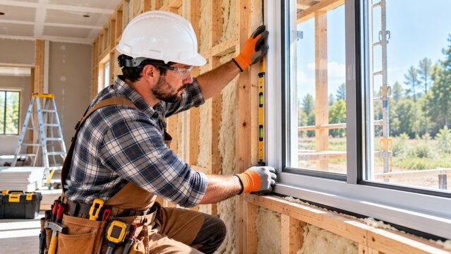 Male construction worker installing window using level in new house wall frame.