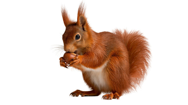 Red squirrel holding and eating a small brown hazelnut with fluffy tail