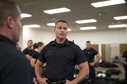 Police officer in dark uniform standing in training room during de-escalation drill with hands on belt, other officers in background, fluorescent lights overhead, training equipment on floor