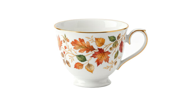 Elegant porcelain teacup with delicate autumn leaf pattern, graceful curved handle, smooth glossy glaze and refined classic silhouette, charming seasonal drinkware with premium decorative finish,