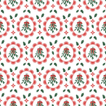 Vintage Christmas floral seamless pattern, endless texture with framed and festive bouquet for festive season. vector illustration