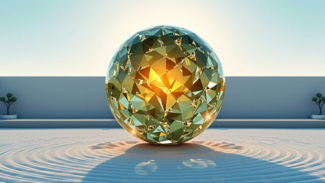 Shining sphere rests upon platform. Light emanates from within, creating reflections, shadows. Minimalist background enhances objects presence.