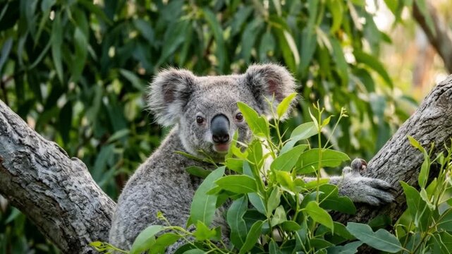 A healthy koala subtly peering from its high perch, partially obscured by lush eucalyptus leaves in its natural Australian habitat.