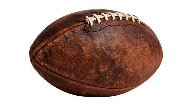 Weathered brown leather American football with white laces
