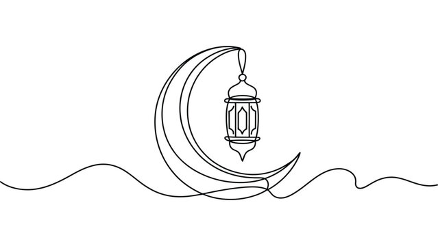 Continuous single line drawing of a crescent moon and a hanging arabic lantern for ramadan kareem