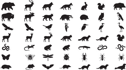 Fototapeta premium Wild animal silhouettes grid collection featuring diverse forest