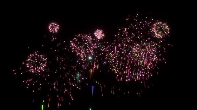 ルビーレッドの花火が夜空へ打ち上がり大輪に咲く10秒4Kループ動画。