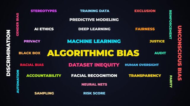Kinetic typography motion graphic animation highlighting concepts of algorithmic bias, artificial intelligence ethics, data fairness, and machine learning equity with crisp, perfectly spaced text elem