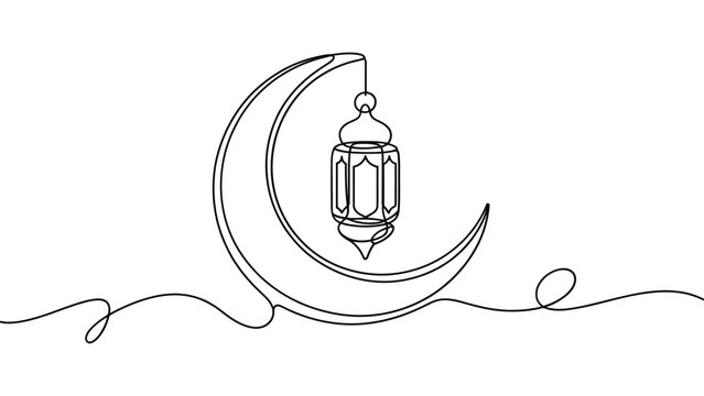 Continuous single line drawing of a crescent moon and a hanging islamic lantern for ramadan kareem