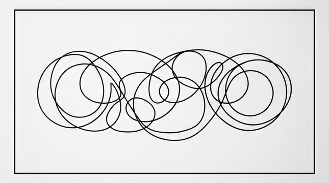 Abstract continuous line drawing of tangled circular loops.