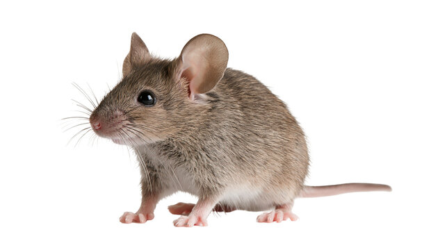 Small brown house mouse with large ears and whiskers standing in profile