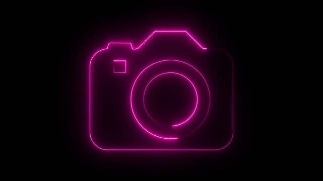 Pink neon camera icon on dark background, glowing photo lens photography symbol.