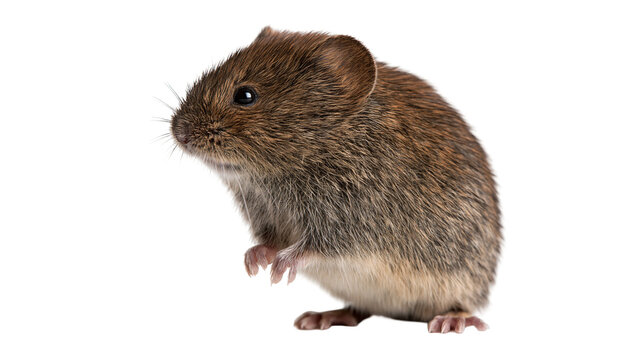 Small brown field vole standing on hind legs with detailed fur texture