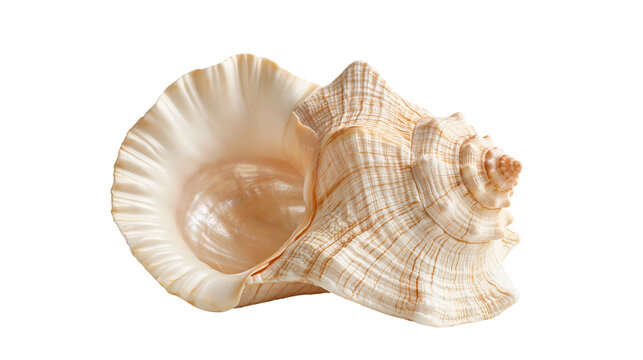 Large beige and brown spiral seashell with ruffled edges