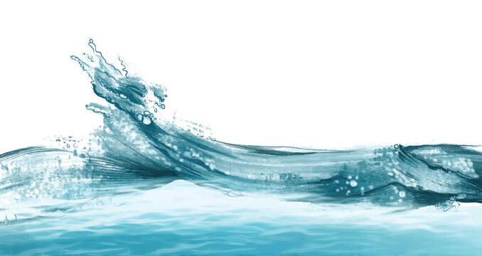 A powerful and dramatic ocean wave crashes powerfully against the rocky shore with white foam and