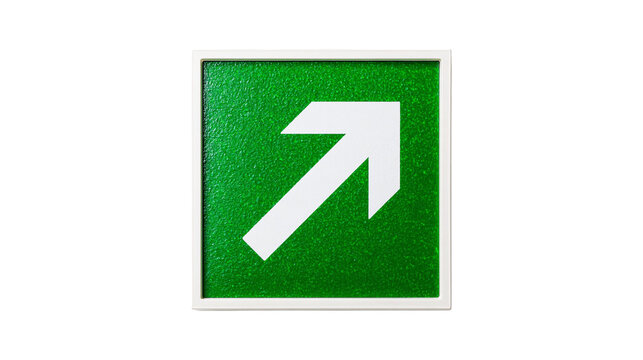 Square green emergency exit sign with white diagonal arrow pointing up and right