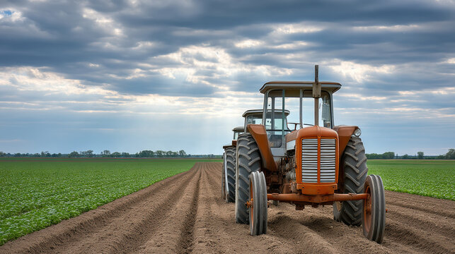 Rusty ancient tractor, side view, on plowed farmland under cloudy sky, rural landscape, agriculture scene