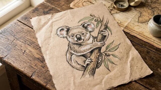 Charming hand-drawn koala illustration on textured recycled brown paper, resting on a rustic wooden table with vintage accessories.