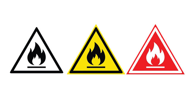 Flammable hazard warning sign vector graphic set displaying fire symbols inside triangular frames