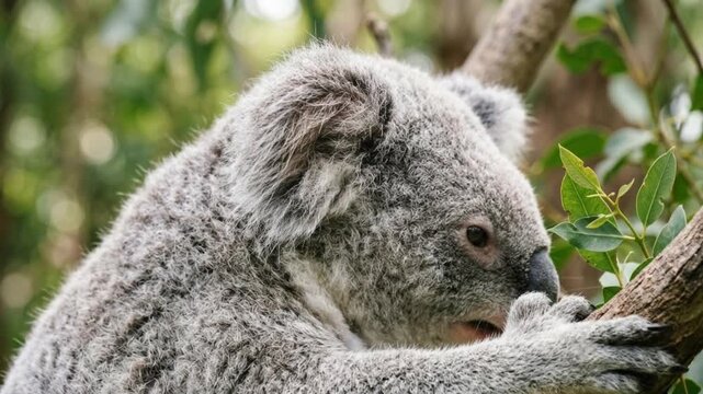 Close-up of a gentle koala with soft grey fur clinging to a tree branch, surrounded by lush green eucalyptus leaves in its natural Australian habitat.
