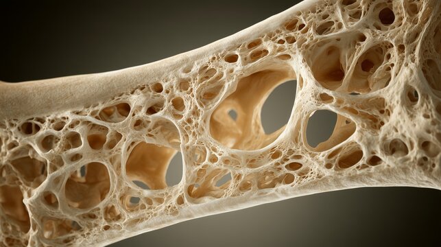 Loss of bone density due to osteoporosis seen in a close-up of human bone structure