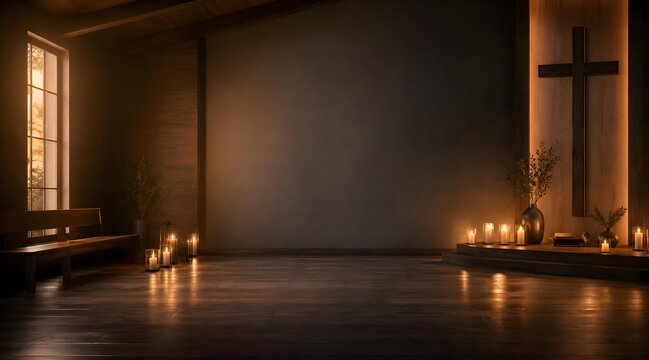 Dark peaceful worship interior with candlelight and copy space