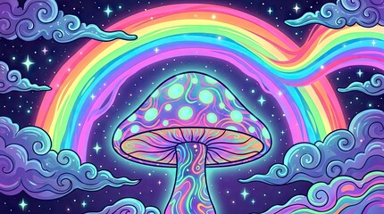 Obraz premium Colorful psychedelic mushroom with rainbow and starry sky.