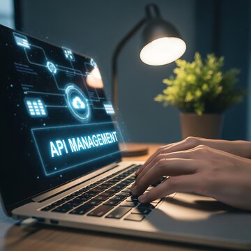 Api Management Platform on Laptop Screen with Hands Typing at Night