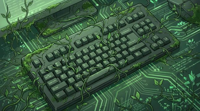 Computer keyboard overgrown with green vines and moss.
