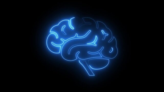 Blue neon brain icon on dark background, glowing mind intelligence visual thoughts symbol.