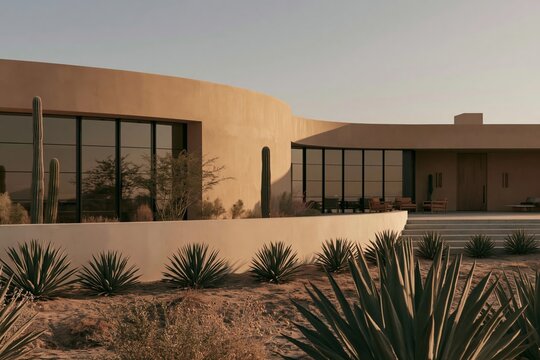 Modern desert home featuring organic curved stucco walls, matte black window mullions, and agave landscaping under golden afternoon light
