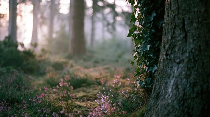 Obraz premium The Forest Path Bathed in Soft Morning Light Among Wildflowers and Ivy