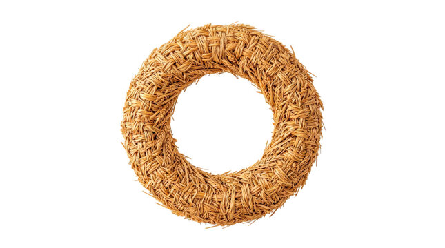 Straw wreath formed as one tightly woven circular decoration, warm golden natural fibers and rustic handcrafted seasonal texture, photorealistic, straight-on front view, vertical orientation,