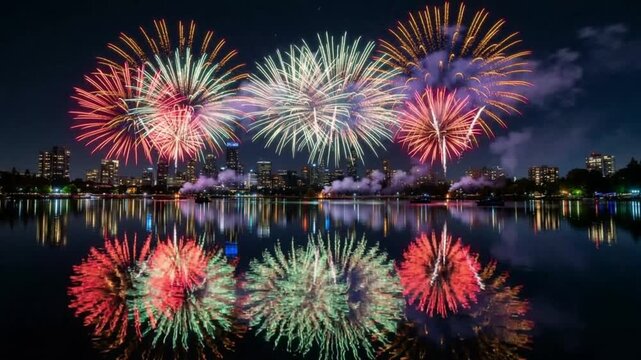 Vibrant fireworks bursting in the dark night sky over an urban cityscape, creating stunning colorful reflections on the calm surface of a lake below, celebrating a special event.