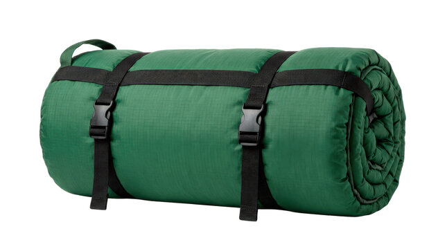 Single rolled sleeping bag with a padded insulated shell, compact cylindrical packed form and durable outdoor textile texture, photorealistic, front 3/4 view, horizontal orientation,