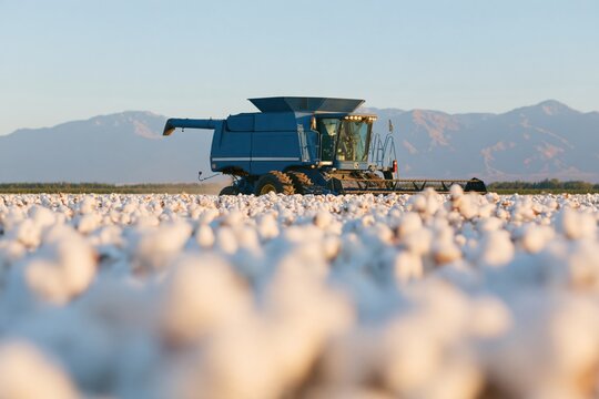 Cotton combine harvester in a sunlit cotton field with mountain backdrop for agricultural background and banner design