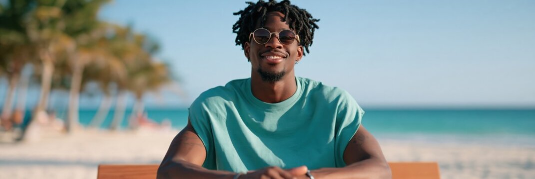 Relaxed man in teal t shirt beach portrait with palm trees and turquoise ocean for travel banner and summer social media background